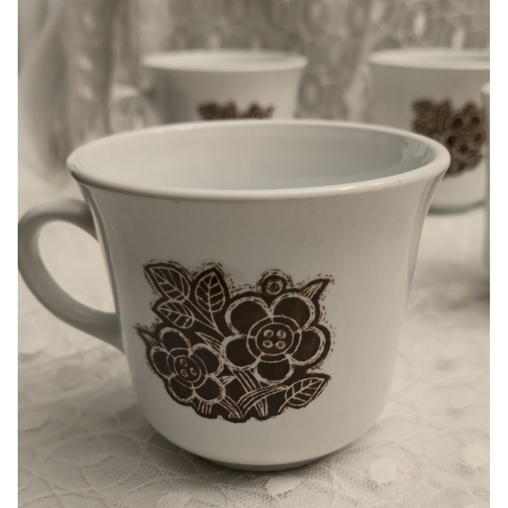 Corelle Corning Batik Mugs Coffee Tea White Brown Floral Lot Of 4 1979 Retro MCM
